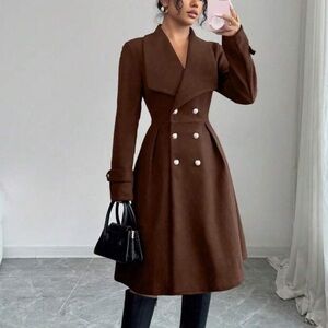 Double-Breasted Brown Women's Wool-Blend Coat